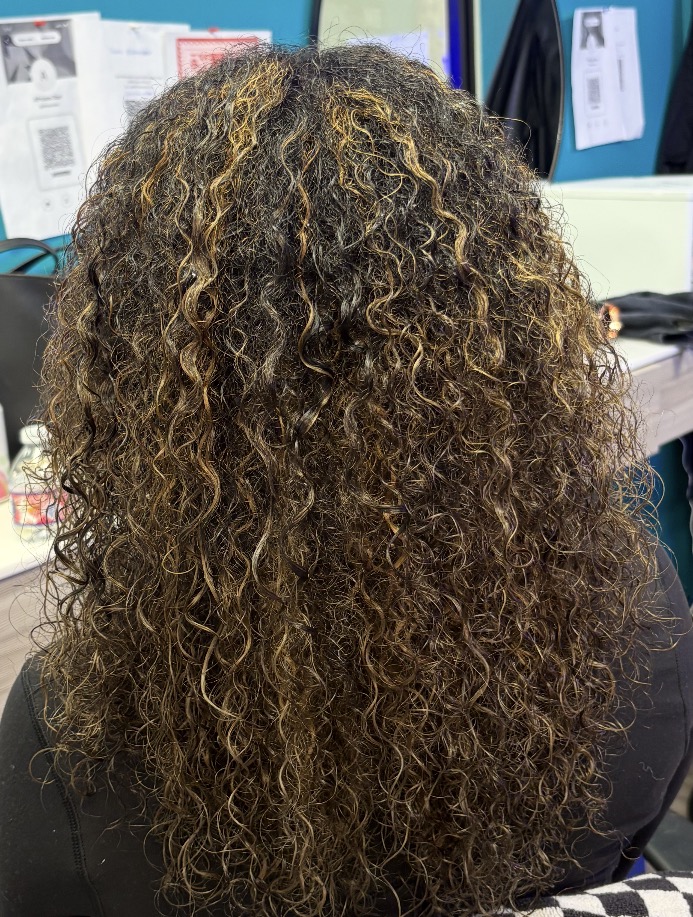 Curly hair with caramel highlights